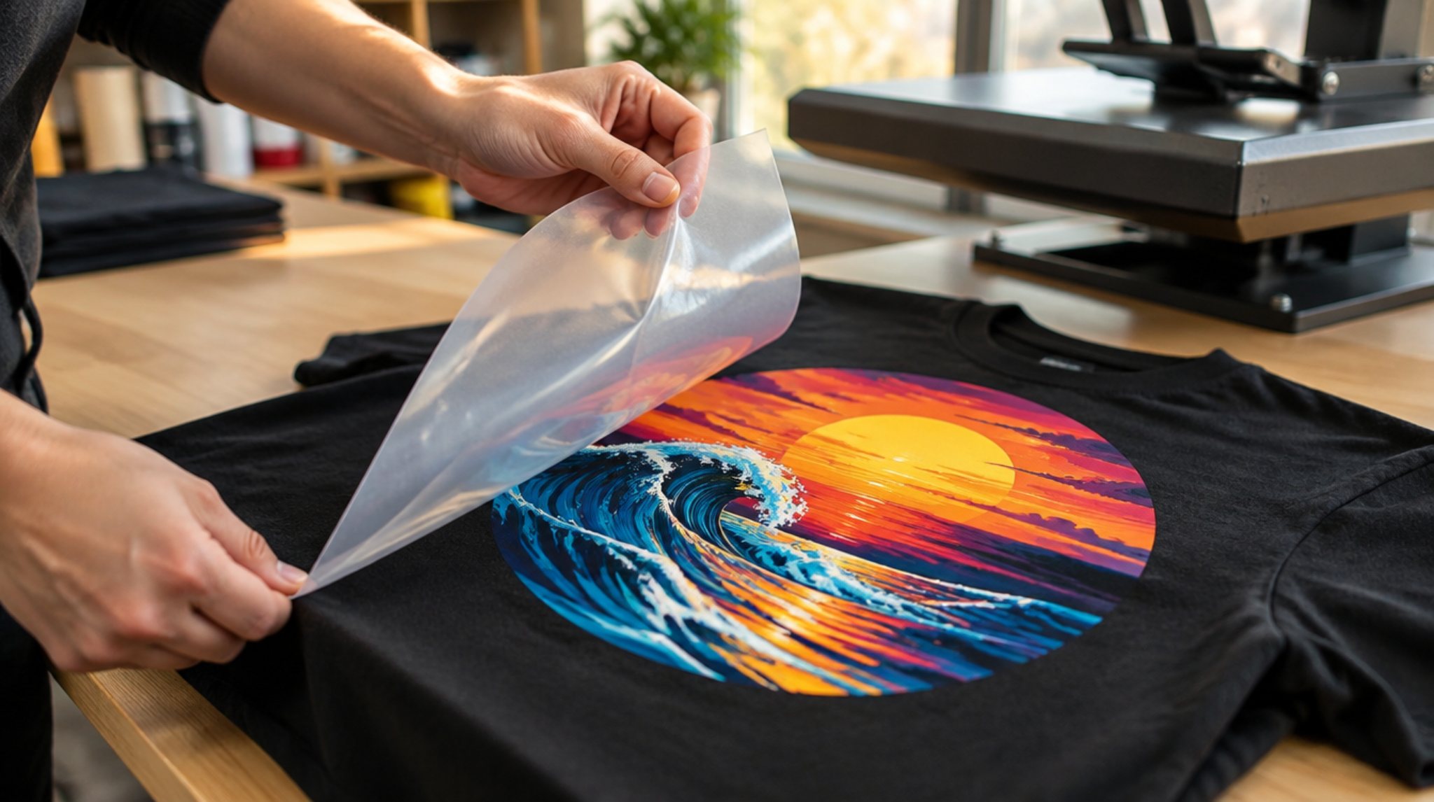 Peeling a DTF transfer film off a freshly pressed black tee with a full-color sunset wave print